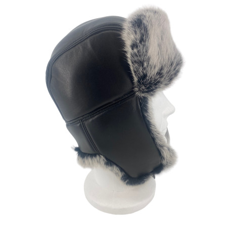 CHAPKA CUIR NOIR LAPIN GRIS