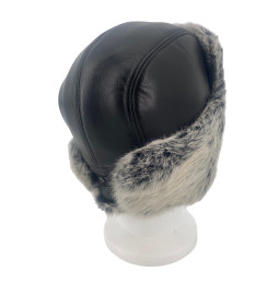 CHAPKA CUIR NOIR LAPIN GRIS